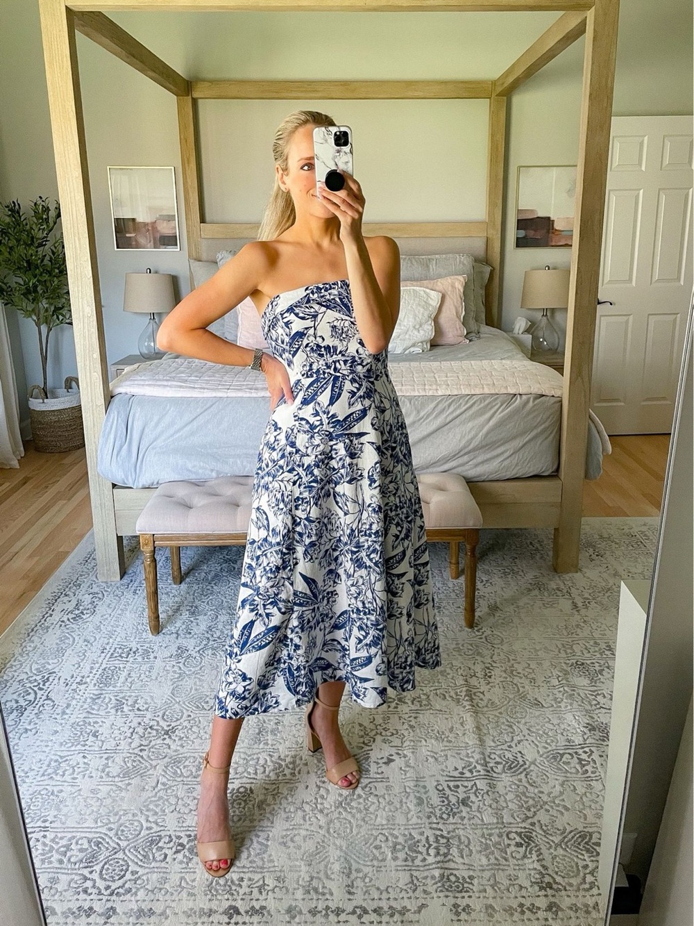 Abercrombie & Fitch White Strapless Midi Dress with Blue Floral Print